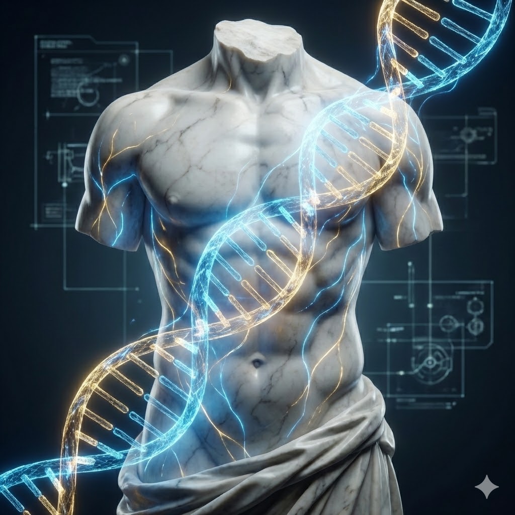 Templul și Vehiculul. Unim forța clasică cu știința modernă pentru energie infinită.
Un tors de statuie clasică din marmură, infuzat cu un lanț dublu helix de ADN luminos în culori albastru și auriu, reprezentând sănătatea optimizată.