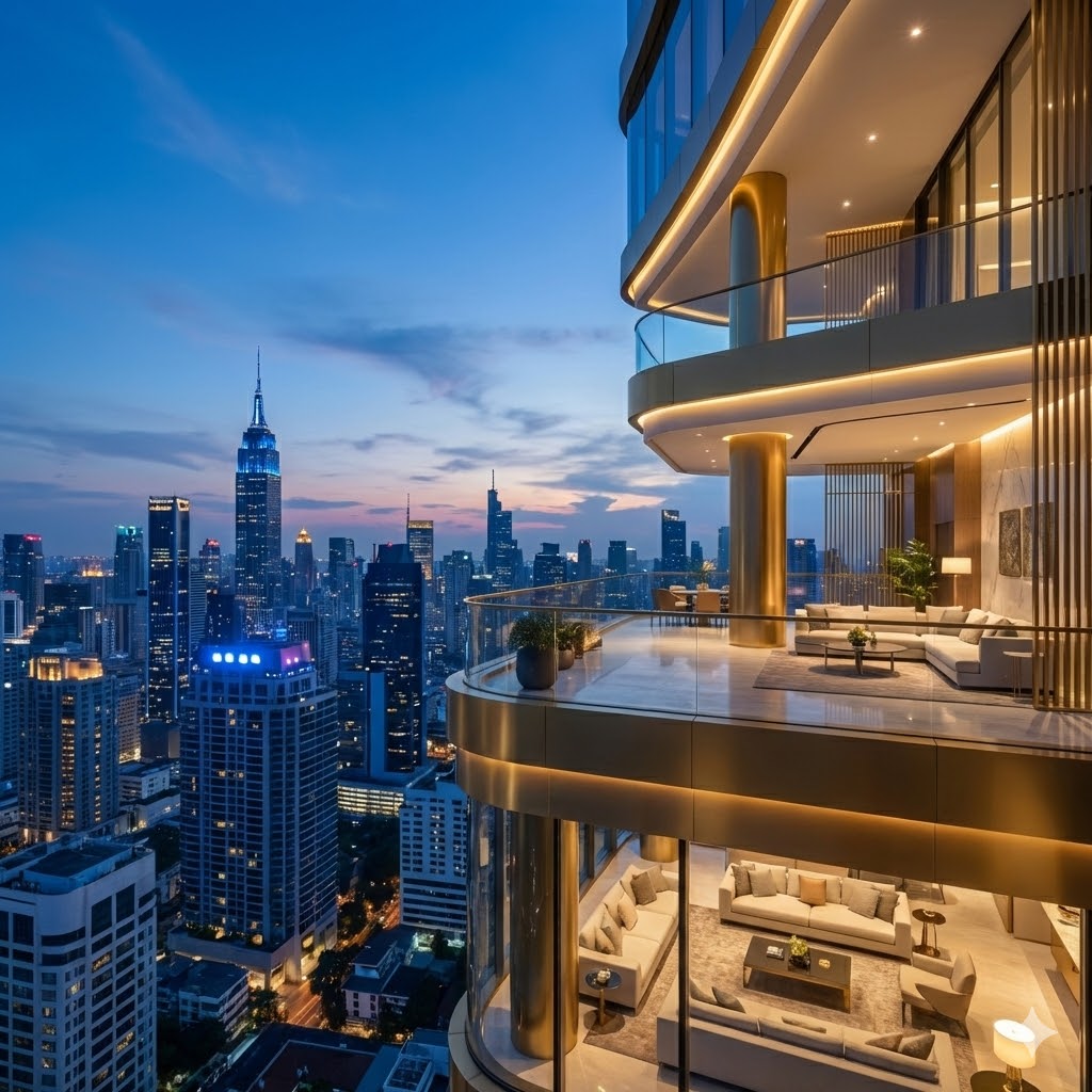 Terenul de Joacă. Mediul tău exterior trebuie să reflecte valoarea ta interioară.
Vedere de pe o terasă luxoasă a unui penthouse modern, cu accente aurii, privind spre zgârie-norii unui oraș vibrant la apus.