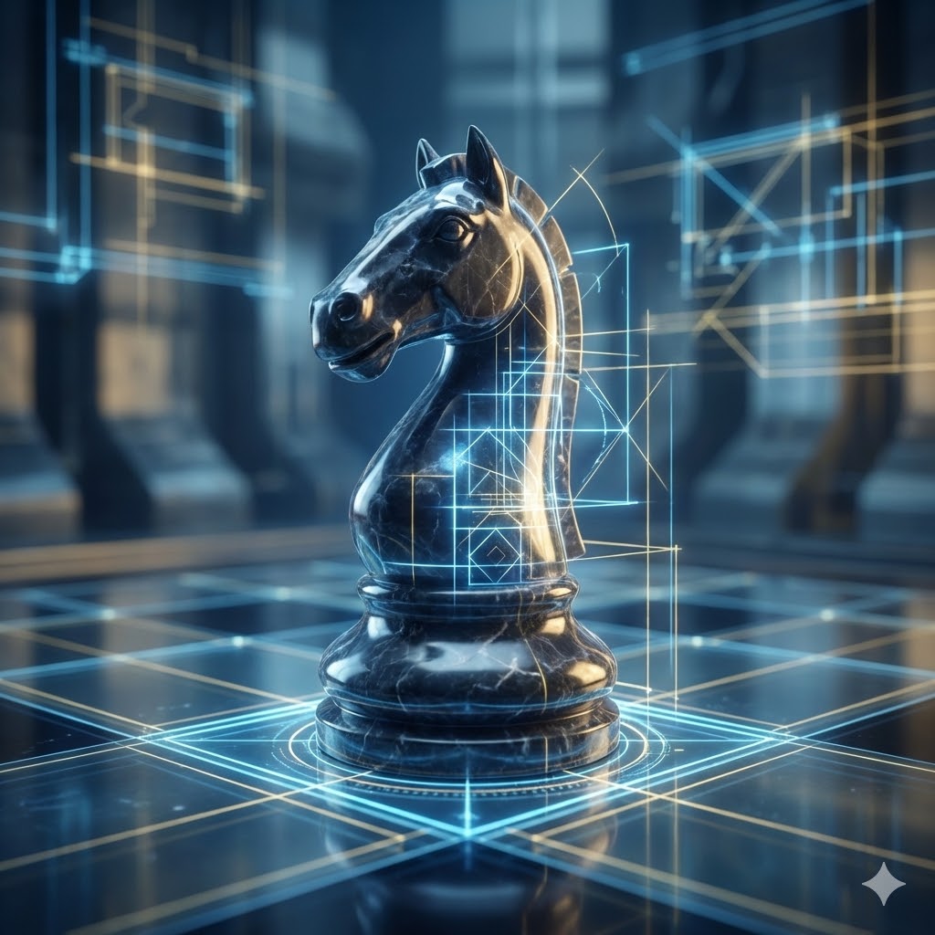 Centrul de Comandă. Aici proiectăm strategia și arhitectura propriului viitor.
O piesă de șah neagră din marmură pe o tablă futuristă, înconjurată de schițe arhitecturale luminoase albastre și aurii, simbolizând gândirea strategică.