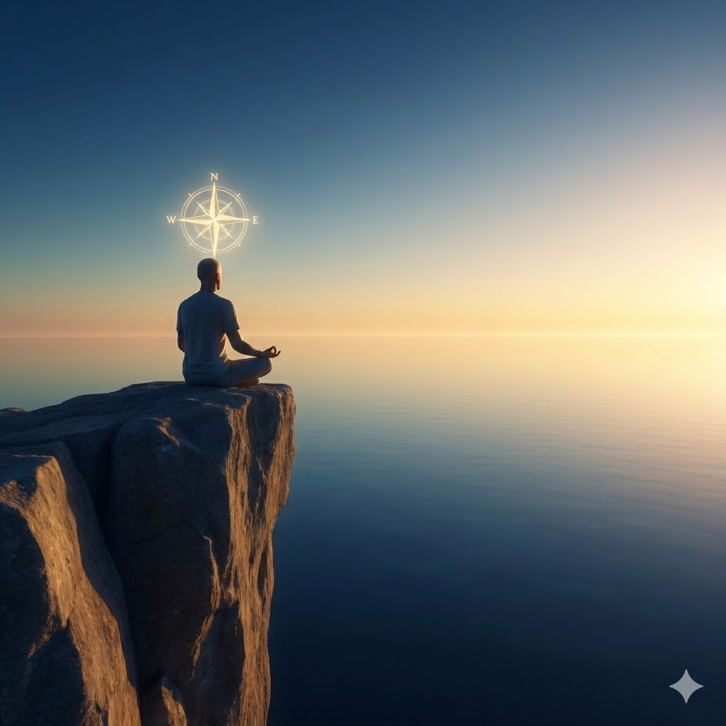 Busola Interioară. Găsim claritatea și direcția în liniștea profundă.
O siluetă meditând pe marginea unei stânci la răsărit, deasupra mării calme, având deasupra capului un simbol luminos al unei busole.