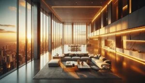 Statuie clasică din marmură a unui atlet într-un decor futurist, înconjurată de rețele luminoase albastre și aurii și fluxuri de date într-o cameră tehnologică întunecată.