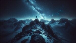 Silueta unui bărbat stând singur pe vârful unui munte abrupt și înzăpezit, privind Calea Lactee spectaculoasă pe cerul nopții, simbolizând introspecția și căutarea sensului.