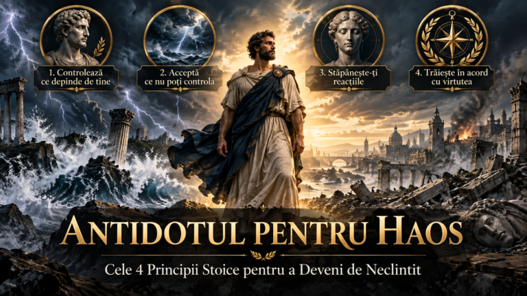 Filosof stoic în mijlocul unei furtuni, înconjurat de ruine antice și patru principii ale stoicismului, simbolizând calmul și tăria interioară în fața haosului.
