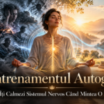Femeie meditând între haosul gândurilor și un peisaj liniștit, simbolizând antrenamentul autogen, relaxarea profundă și calmarea sistemului nervos.