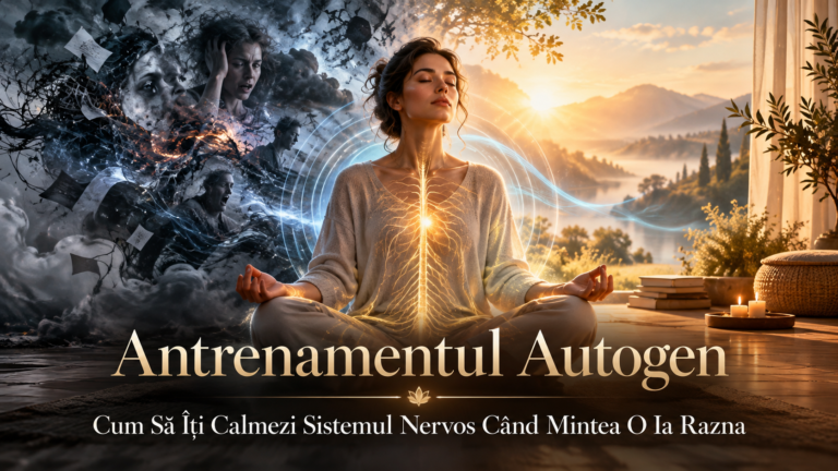 Femeie meditând între haosul gândurilor și un peisaj liniștit, simbolizând antrenamentul autogen, relaxarea profundă și calmarea sistemului nervos.