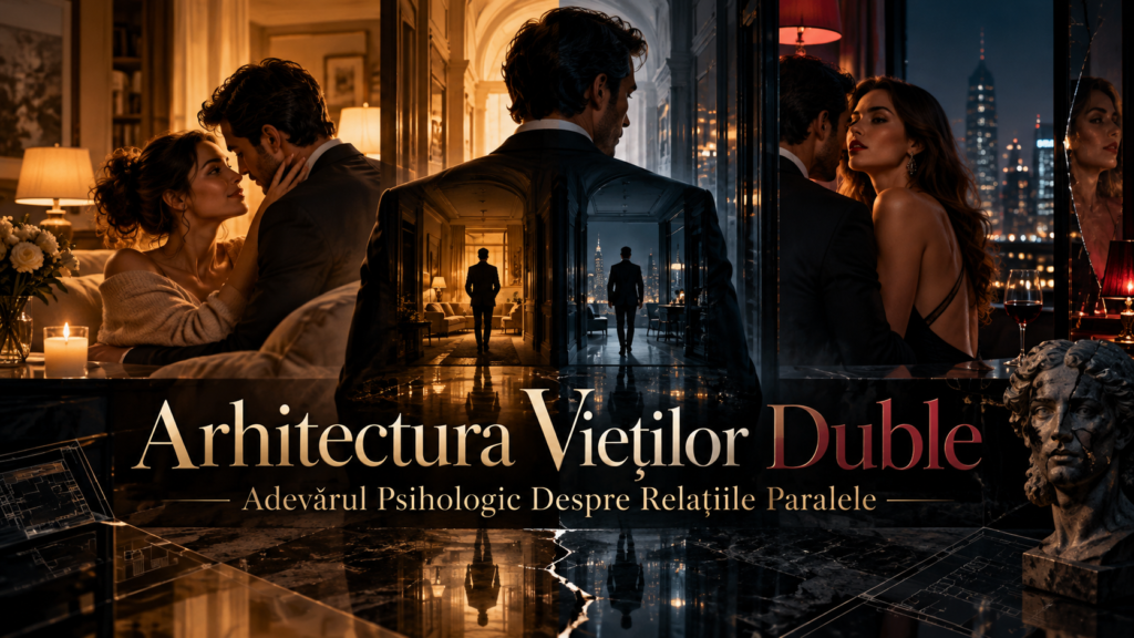 Bărbat între două relații, ilustrat prin încăperi și oglinzi paralele, simbolizând viața dublă, infidelitatea și conflictele psihologice.