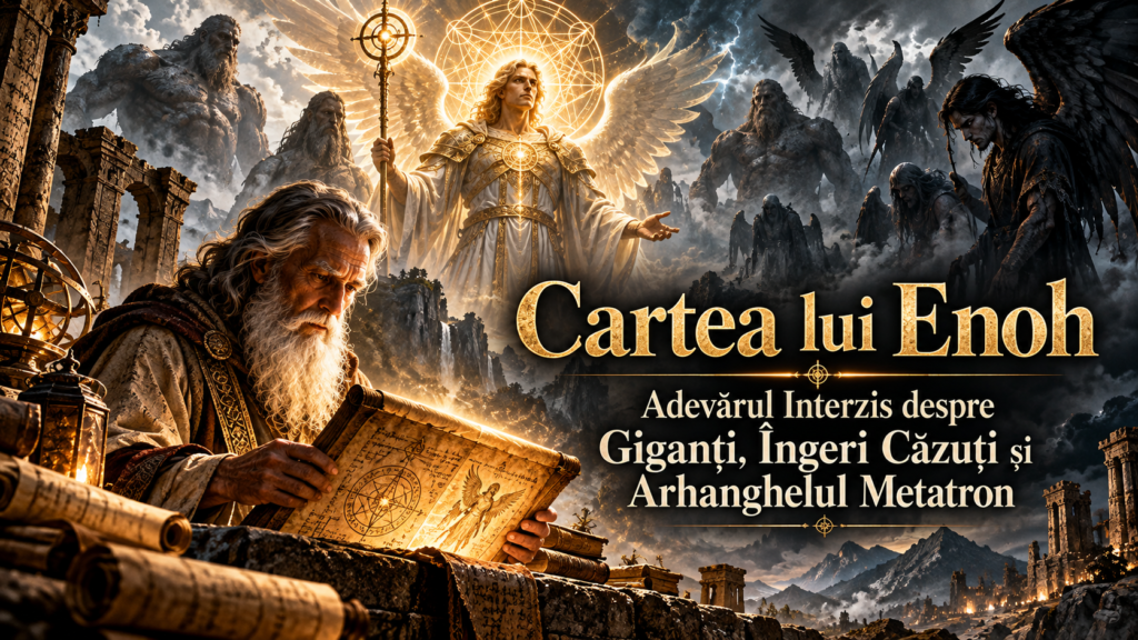 Enoh citind un manuscris antic, înconjurat de giganți, îngeri căzuți și Arhanghelul Metatron într-o compoziție simbolică inspirată de Cartea lui Enoh.