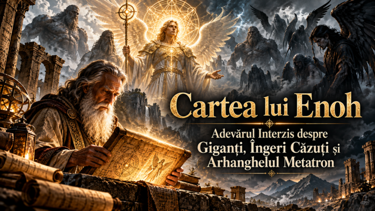 Enoh citind un manuscris antic, înconjurat de giganți, îngeri căzuți și Arhanghelul Metatron într-o compoziție simbolică inspirată de Cartea lui Enoh.