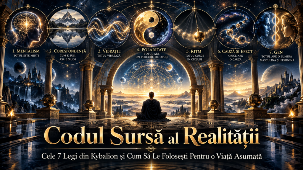 Cele șapte principii din Kybalion reprezentate prin simboluri cosmice aurii, într-un templu mistic, ilustrând mentalismul, corespondența, vibrația, polaritatea, ritmul, cauza și efectul și genul.