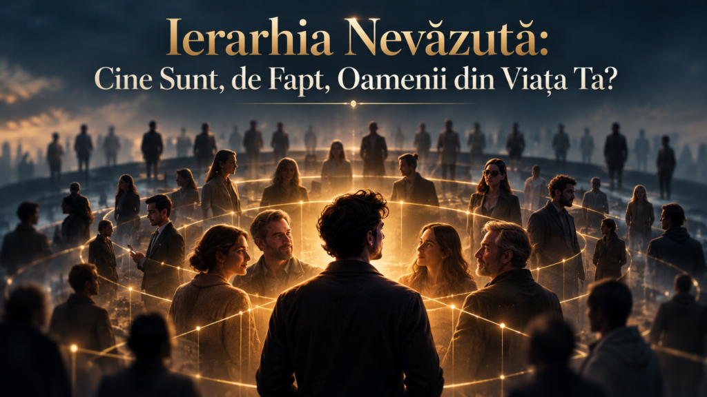 Bărbat în centrul unor cercuri concentrice de oameni, simbolizând ierarhia nevăzută a relațiilor, apropierea emoțională și importanța fiecărei persoane în viața sa.