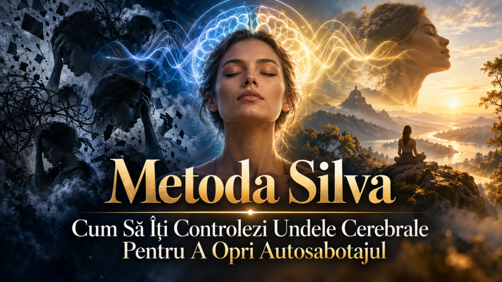 Femeie cu ochii închiși, înconjurată de unde cerebrale luminoase, între haos mental și liniște, simbolizând Metoda Silva și depășirea autosabotajului.
