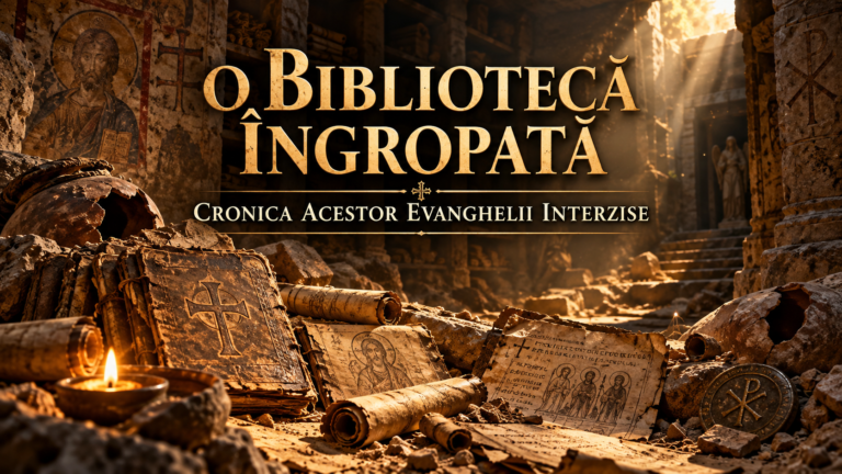 Bibliotecă antică îngropată, cu manuscrise creștine, pergamente și evanghelii apocrife, iluminate de raze aurii de lumină.