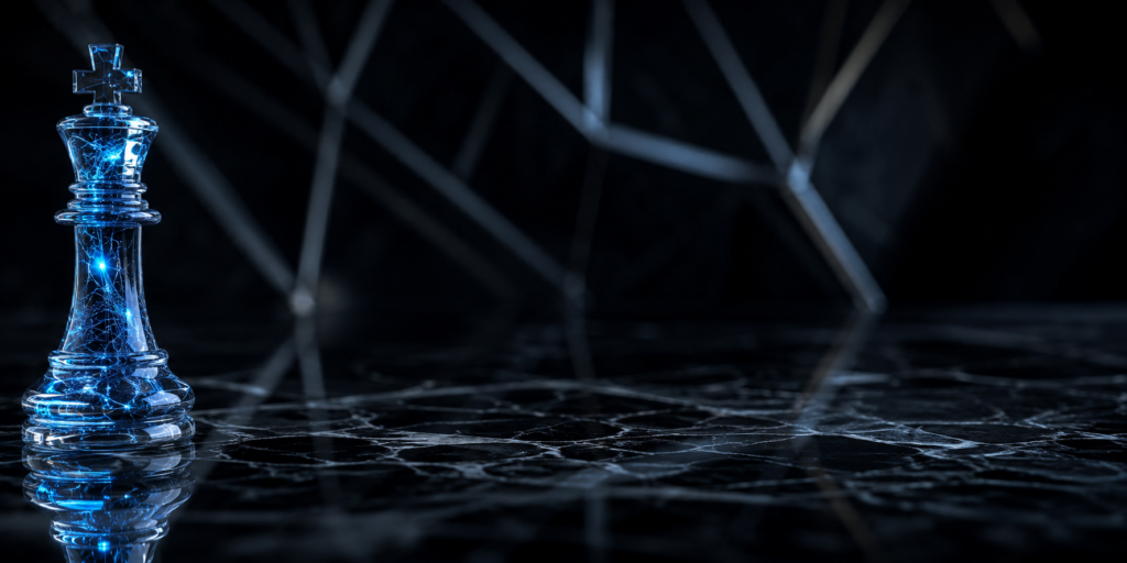 Banner panoramic reprezentând pilonul MIND. Un rege de șah din sticlă cu o rețea neuronală albastru electric pe un fundal de obsidian negru. Simbol al strategiei și psihologiei.
