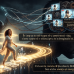 O ilustrație conceptuală profundă reprezentând o persoană liniștită care merge pe un drum luminos spre succes, în timp ce în fundal o umbră uriașă o privește obsesiv, având mintea plină de ecrane și mecanisme blocate pe imaginea primei persoane. Simbolizează invidia ca formă de ruminație și pierdere de energie mentală.