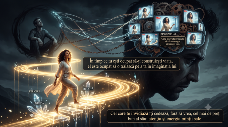 O ilustrație conceptuală profundă reprezentând o persoană liniștită care merge pe un drum luminos spre succes, în timp ce în fundal o umbră uriașă o privește obsesiv, având mintea plină de ecrane și mecanisme blocate pe imaginea primei persoane. Simbolizează invidia ca formă de ruminație și pierdere de energie mentală.