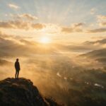 Imagine landscape premium cu siluetă umană în lumină aurie, simbolizând claritate, sens și echilibru