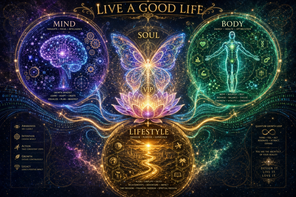 Imagine actuală: Live A Good Life VIP – ecosistemul celor 4 piloni fundamentali: Soul, Mind, Body și Lifestyle, reprezentați printr-un fluture luminos, lotus, geometrii sacre și conexiuni energetice într-o ilustrație conceptuală.