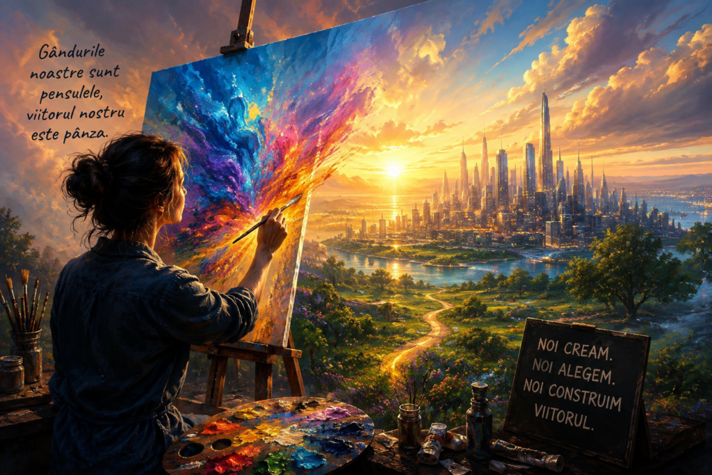 O reprezentare vizuală a minții umane ca un artist. O pensulă care pictează un viitor luminos, folosind culorile vibrante ale gândurilor și intențiilor clare. Simbolizează neuroplasticitatea, crearea realității și arhitectura mentală.