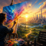 O reprezentare vizuală a minții umane ca un artist. O pensulă care pictează un viitor luminos, folosind culorile vibrante ale gândurilor și intențiilor clare. Simbolizează neuroplasticitatea, crearea realității și arhitectura mentală.