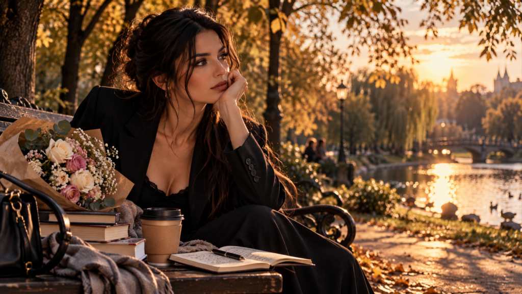 MIRA într-un parc dimineața, cu flori, cărți și cafea