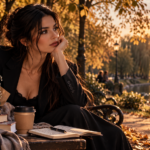 MIRA într-un parc dimineața, cu flori, cărți și cafea